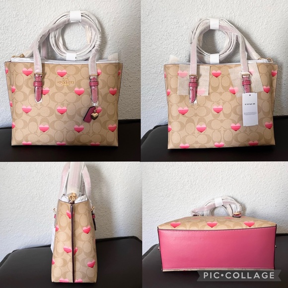 NWT COACH MOLLIE TOTE 25 IN SIGNATURE CANVAS STRIPE HEART PRINT GOLD/LIGHT KHAKI - Picture 8 of 12